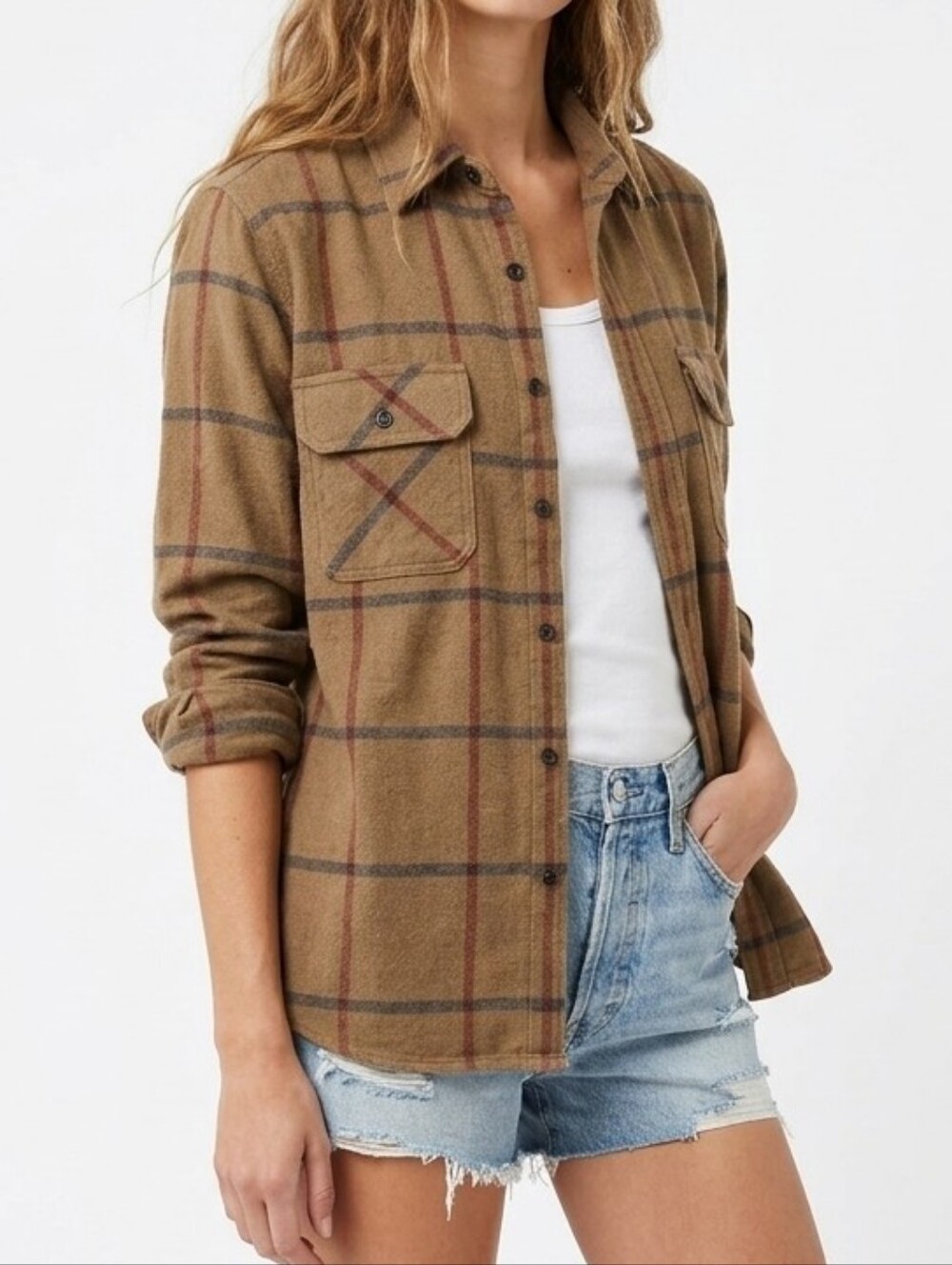 Vintage Plaid Button-Front Wool Blend Flannel Shirt In Camel Brown - L